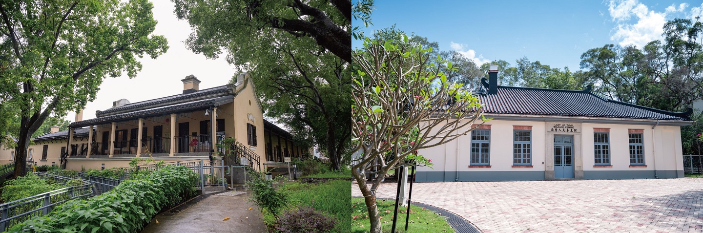 活化计划下的绿汇学苑（左），前身是建于1899年的大埔警署，为新界首间警署及警察总部；何东夫人医局（右）于1933年落成，为新界区最早期乡郊诊疗所之一。