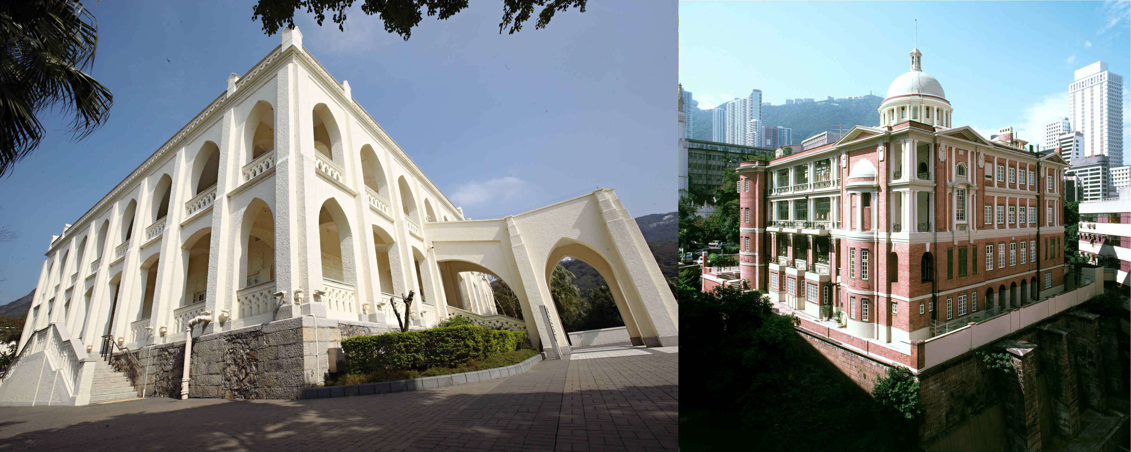 香港演艺学院伯大尼校园（左）原为伯大尼修院，具新哥德式建筑风格，设计布局对称。前法国外方传道会大楼（右）以花岗石和红砖建成，至今仍保留不少具历史价值的建筑特色。